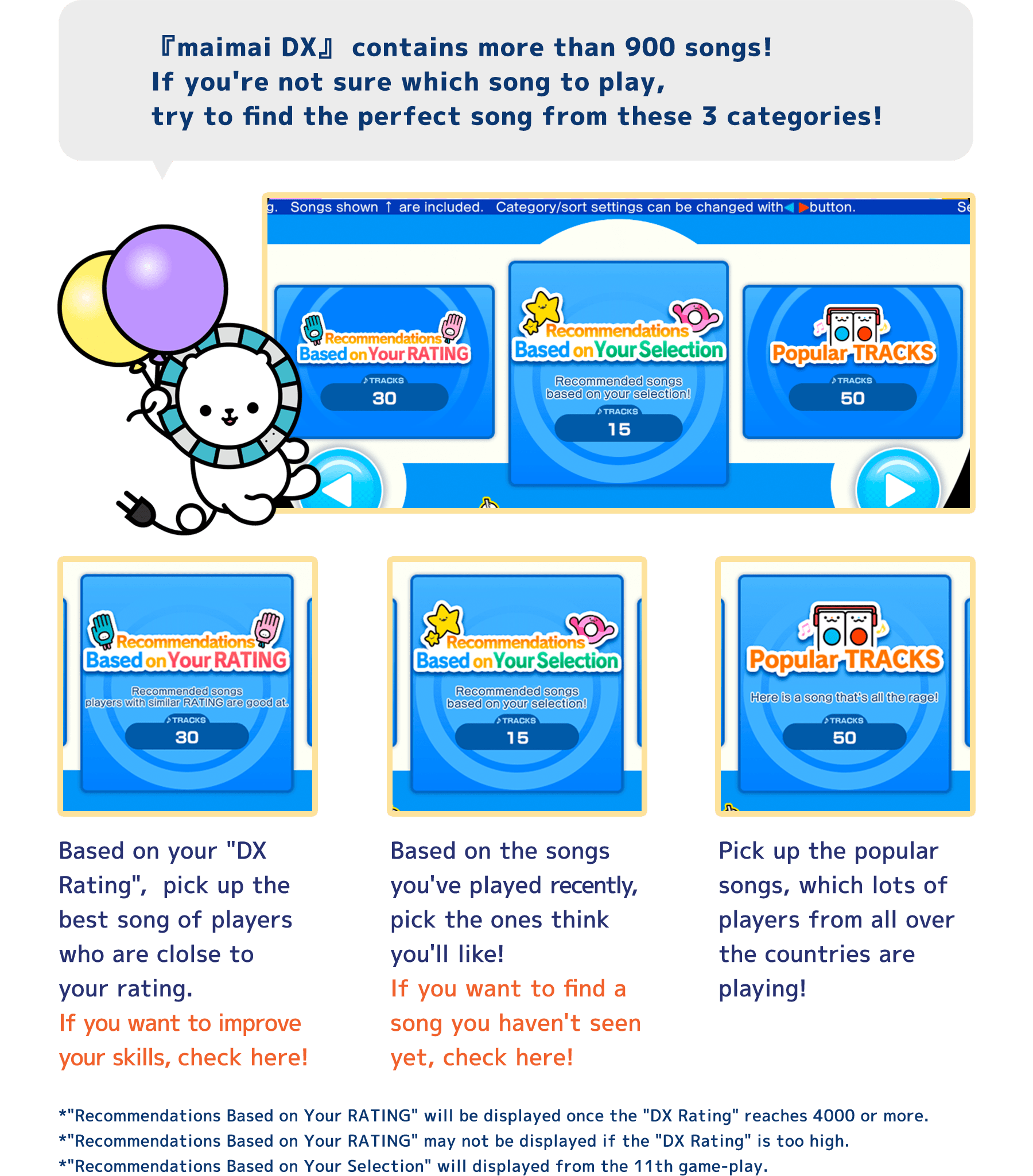 『maimai DX』 contains more than 900 songs!
          If you're not sure which song to play,
          try to find the perfect song from these 3 categories!
          Based on your "DX Rating",  pick up the best song of players who are clolse to your rating.
          If you want to improve your skills, check here!
          Based on the songs you've played recently, pick the ones think you'll like!
          If you want to find a song you haven't seen yet, check here!
          Pick up the popular songs, which lots of players from all over the countries are playing!
          *"Recommendations Based on Your RATING" will be displayed once the "DX Rating" reaches 4000 or more.
          *"Recommendations Based on Your RATING" may not be displayed if the "DX Rating" is too high.
          *"Recommendations Based on Your Selection" will displayed from the 11th game-play.